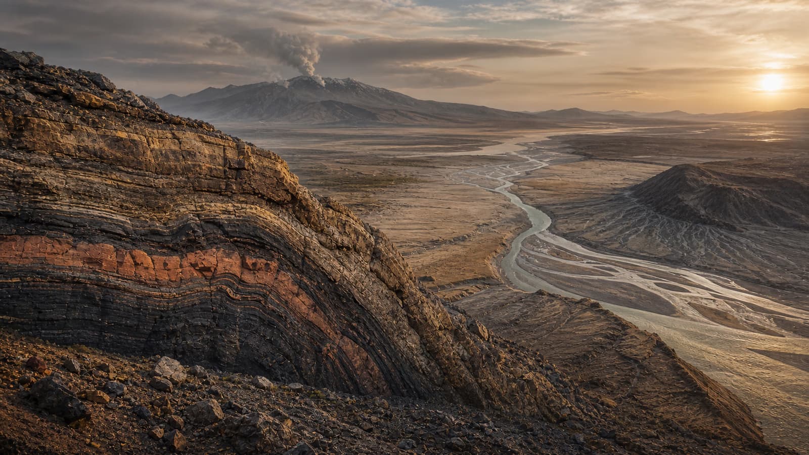 Ricostruzione artistica di strati deformati, un bacino fluviale e un rilievo vulcanico in un unico paesaggio geologico