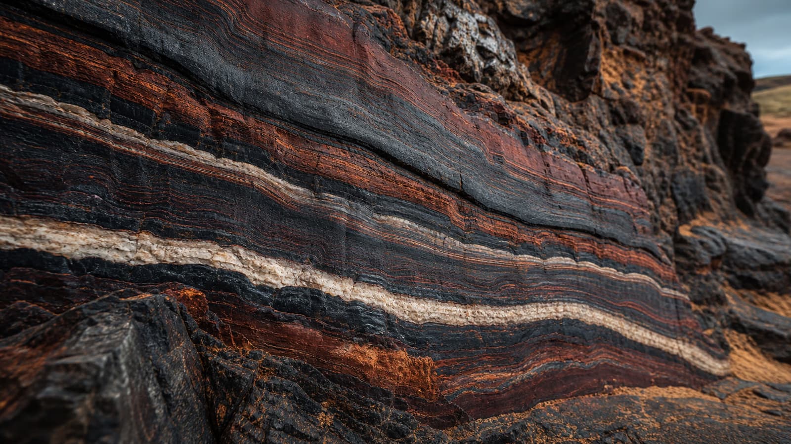 Ricostruzione artistica ravvicinata delle bande ferrifere e silicee di una formazione geologica