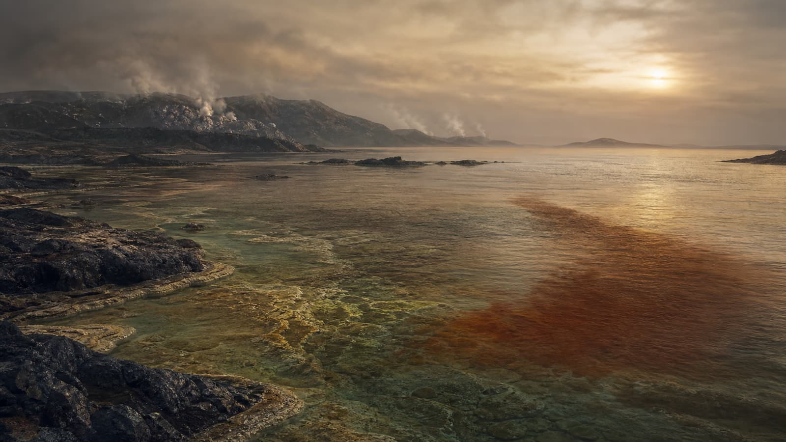 Ricostruzione artistica di una costa terrestre paleoproterozoica sotto un’atmosfera velata